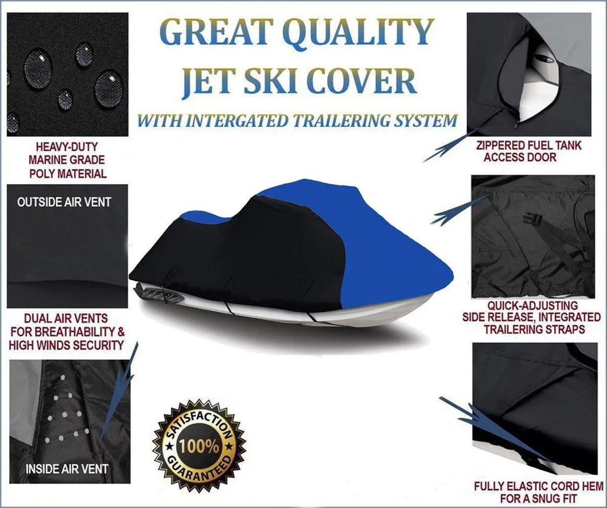 BLACK / BLUE HEAVY-DUTY, 600 DENIER Cover Compatible for Polaris SLH 1997 1998 1999 2000 2001 / SL1050 1997 Jet Ski PWC Cover 1-2 Seater