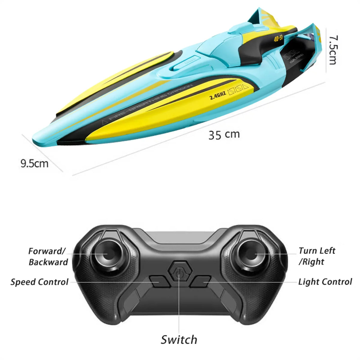 4DRC S1 RC Boat - Remote Control Boat for Pools and Lakes, 4 Channel 2.4GHZ Remote Control, and Rechargeable Boat Battery，Yellow