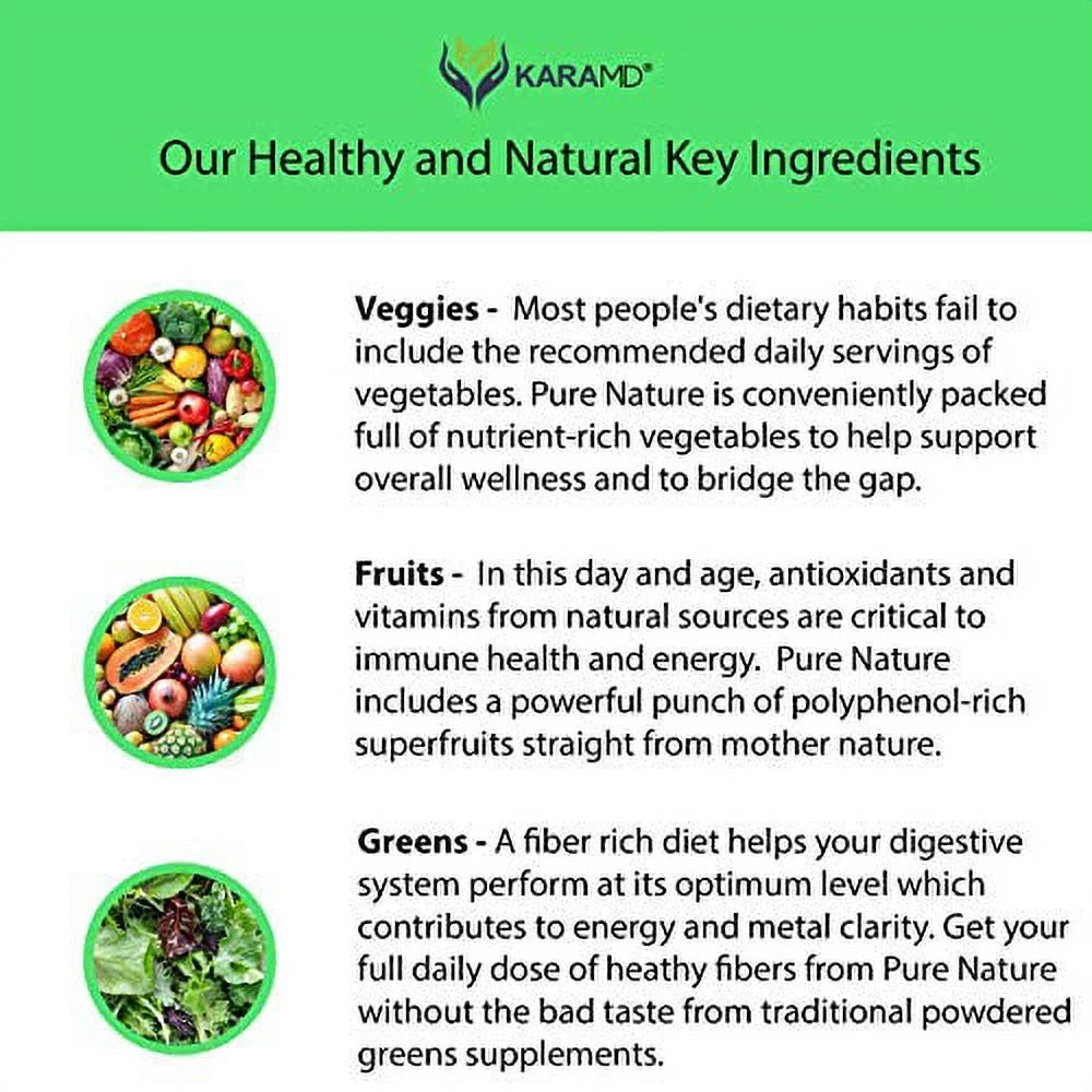 KaraMD Pure Nature | Dr Formulated Greens, Fruit & Vegetable Whole Food Health Supplement | Vitamins, Fiber & Antioxidant Superfood Nutrition | Natural Energy, Digestion & Immunity Boost, 120 Capsules