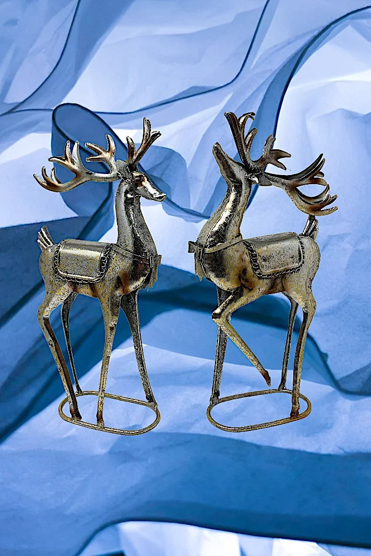 S/2 Standing Reindeer Metal Champagne Glitter Color Statue Christmas Holiday Home Office Room Decor Tabletop Fireplace Figurines 16" x 8"