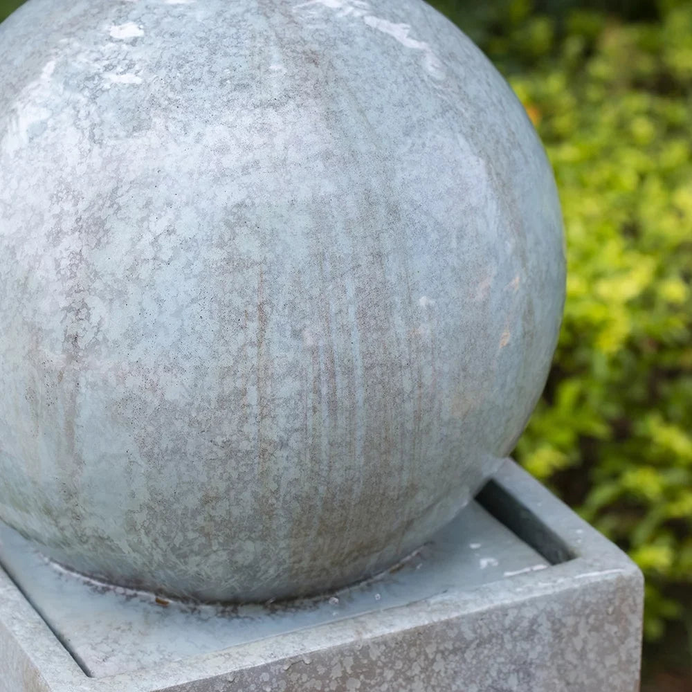CoSoTower 13X13X44" Tall Contemporary Sphere Outdoor Liquid Fountain, Cement/Concrete Outdoor Fountain, Antique Blue Raindrop Liquid Feature with Light for Garden, Lawn, Deck & Patio