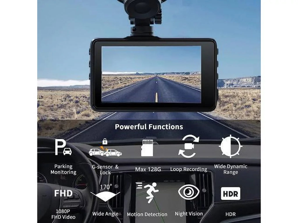 Dash Cam 1080P Full HD, 2 Mounting Options, On-Dashboard Camera Video Recorder Dashcam for Cars with 3" LCD Display, Night Vision, WDR, Motion Detection, Parking Mode, G-Sensor, 170° Wide Angle