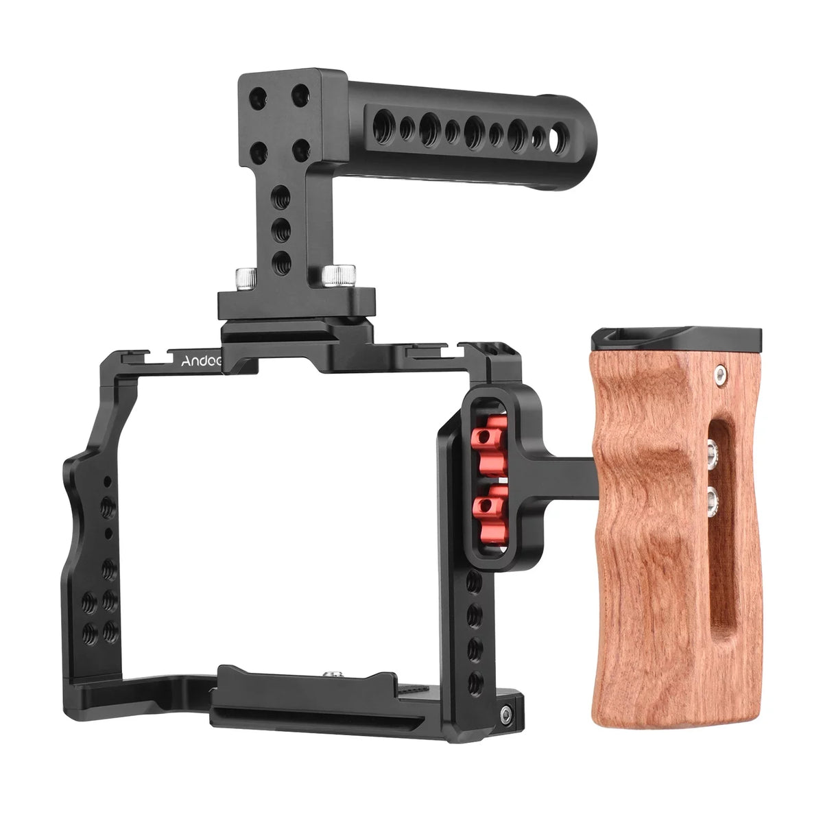 Andoer Video Cage + Handle + Side Wooden Grip Kit Aluminum Alloy with Dual Cold Shoe Mounts Numerous 14 Inch Threads Replacement for A7IV/ A7III/ A7II/ A7R III/ A7R II/ A7S II