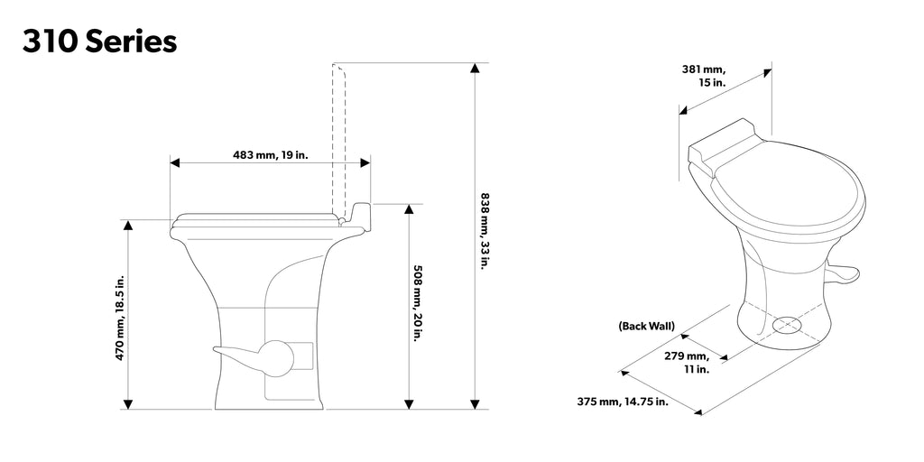 Dometic 310 Standard Toilet - Oblong Shape, Lightweight and Efficient Flush with Pressure-Enhanced PowerFlush and Slow Close Seat Cover - Perfect for Modern RVs