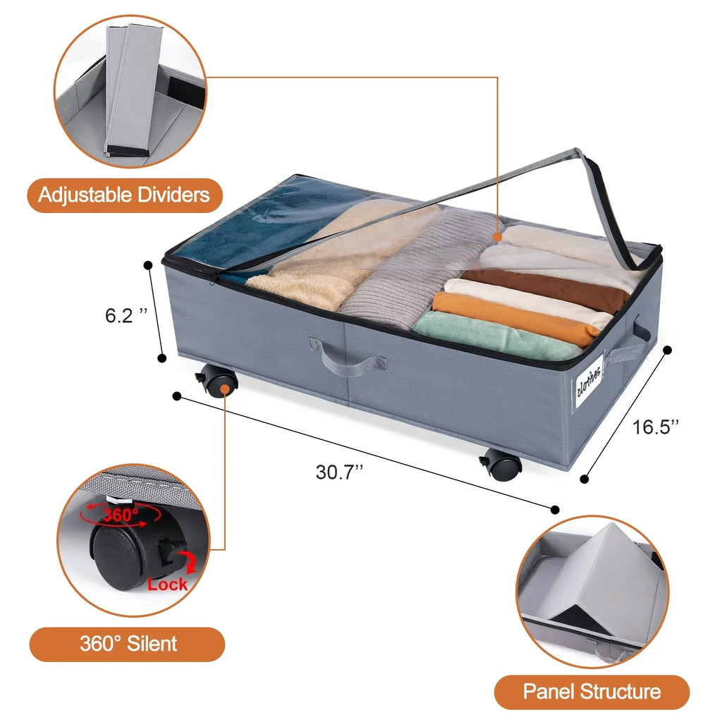 Extra Large Under Bed Storage with Wheels, 2 Pack Rigidity 42L Under Bed Storage Containers, Oxford Fabric Underbed Storage with Lid for Clothes Blankets and Shoe Organizer Drawer in Gray