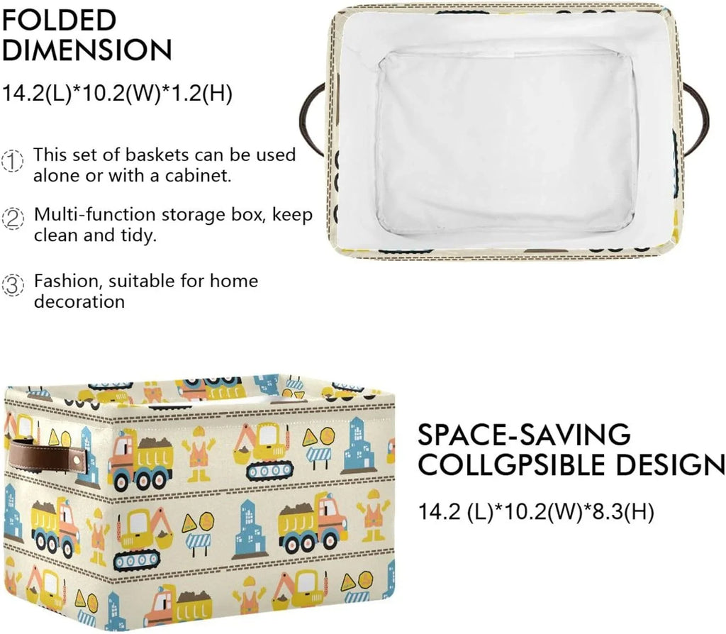 Coolnut Cartoon Construction Truck Storage Basket, Tough Canvas Organizer With Handles Large Collapsible Storage Bins Boxes for Home Office - 2 Pack