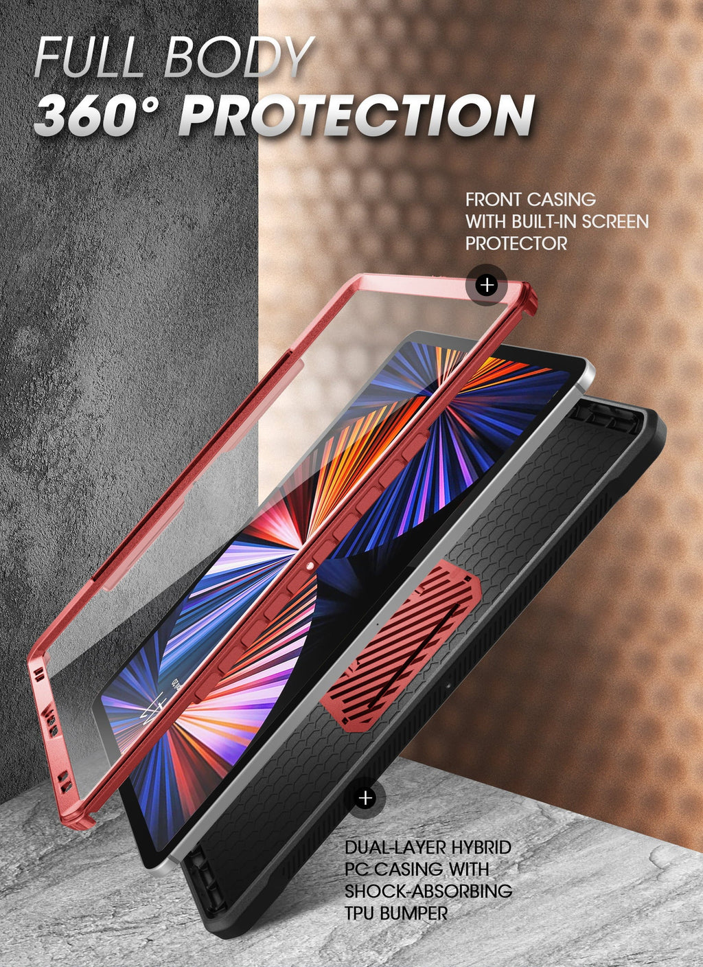 SUPCASE Unicorn Beetle Pro Series Case for iPad Pro 12.9 Inch (2021 / 2020), Support Pencil Charging with Built-in Monitor Protector Full-Body Rugged Kickstand Protective Case (Ruddy)
