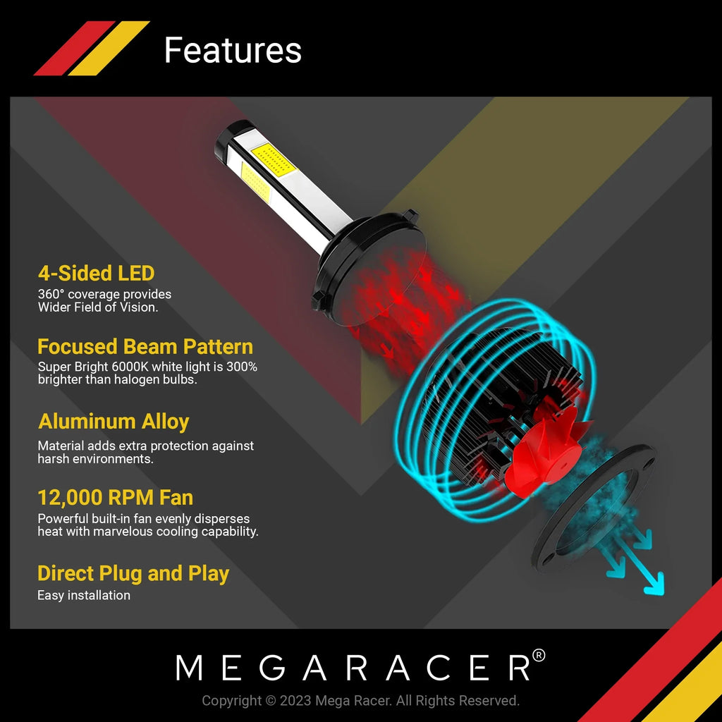 Mega Racer Subaru Outback 4 Sided H11 H9 H8 LED Headlight Bulbs 6000K Diamond White 12V 60W 10000LM Subaru Outback 2015 2016 2017 2018 2019 15 16 17 18 19 Low Beam/ Fog Light Automotive Replacement
