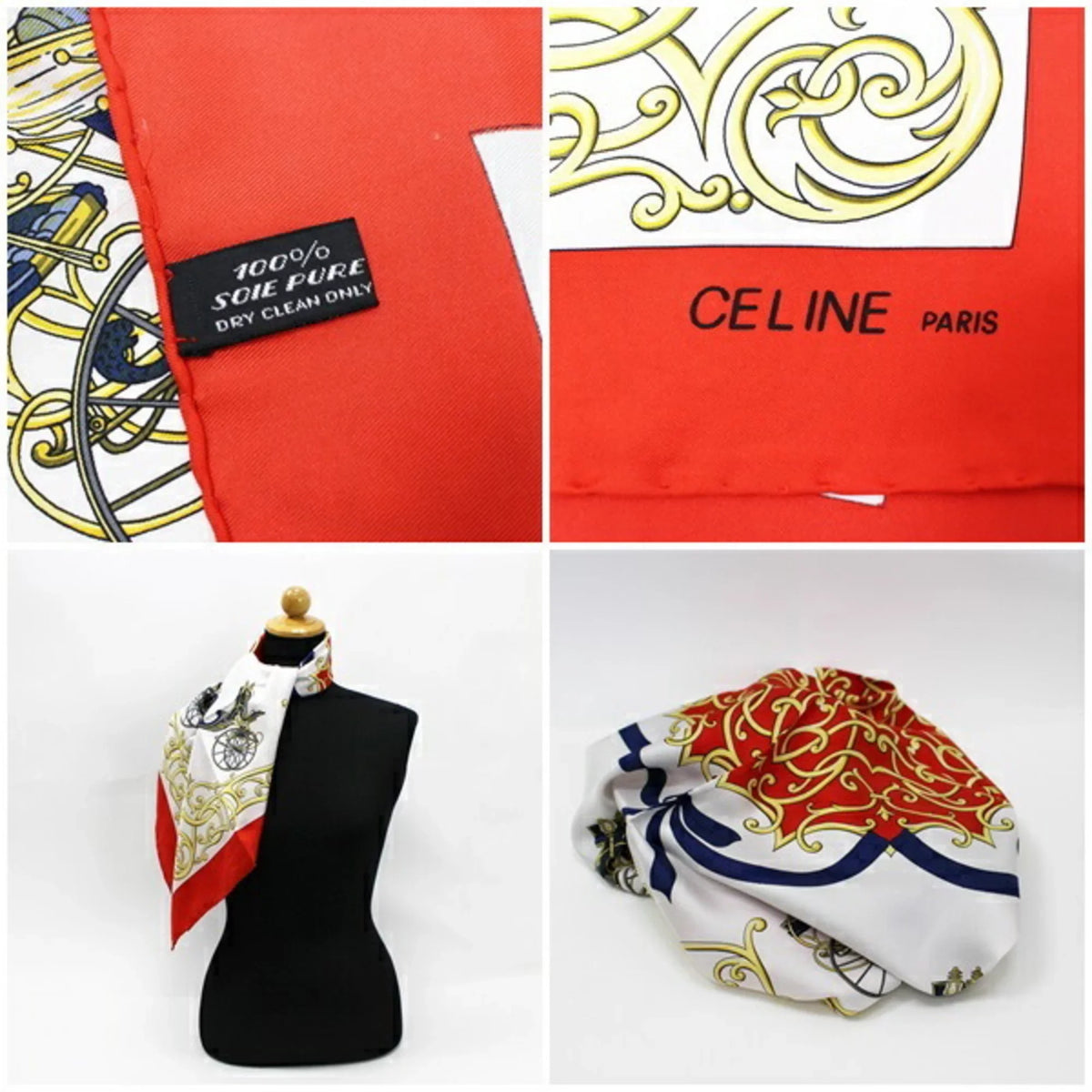 Pre-Owned Celine Silk Scarf Muffler Stole Red x White Carriage Pattern CELINE | Ladies Wall (Good)